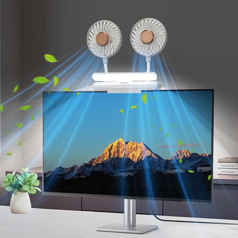 THRRLY Monitor Fan with LED Lights, USB Desktop Fan with 2 Rotatable Heads, 3 Speeds Desk Fans Small Quiet with Sturdy Adjustable Clamp, Strong Wind Office Personal Cooling Fans for Laptop, Desktop. - Image 1